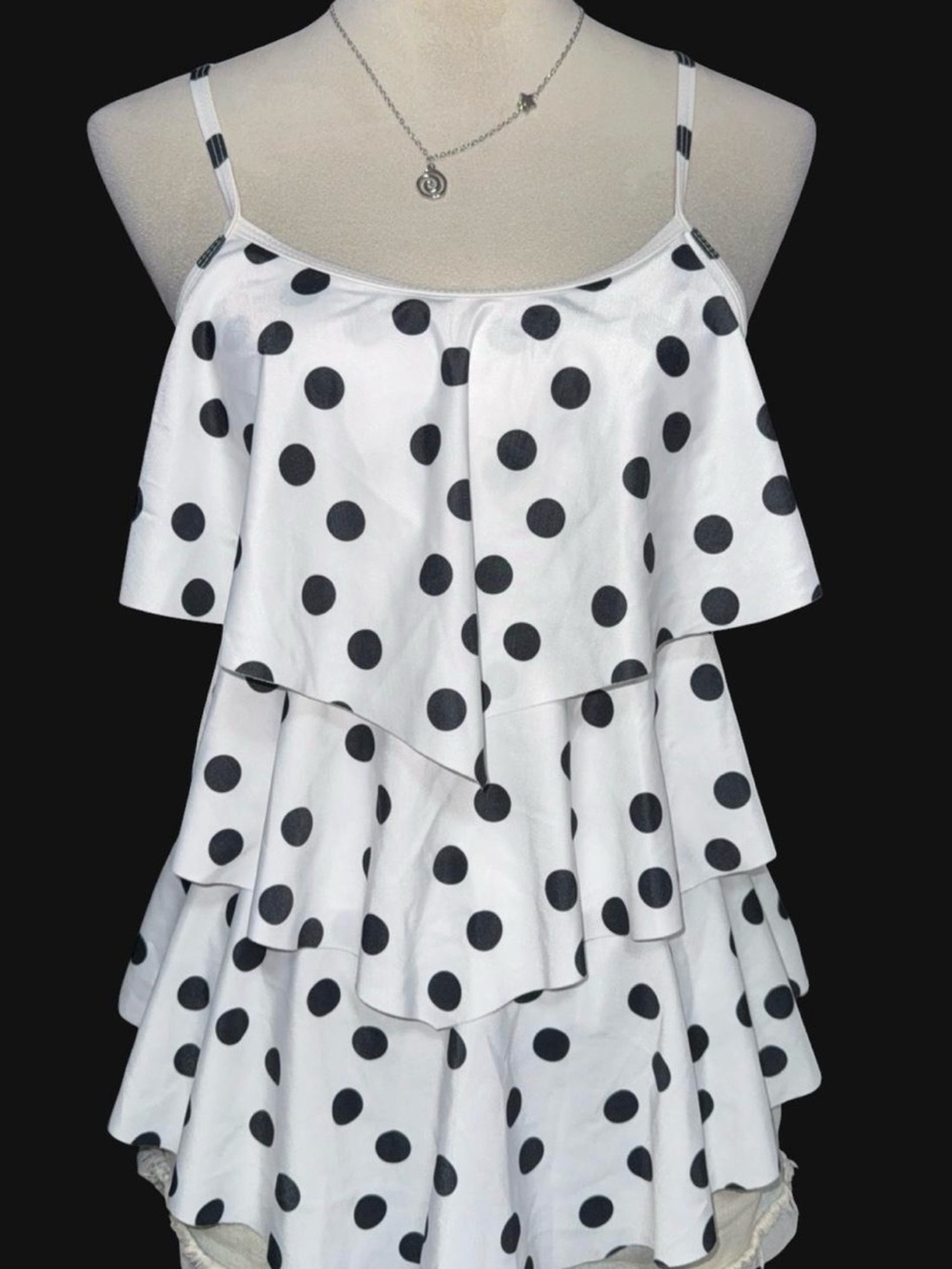 Polka Dot Tiered Ruffle Swim Top in White/Black